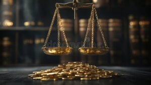 balance argentee avec pieces juridiques floues