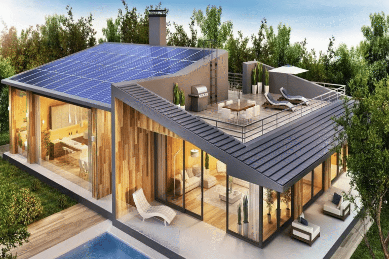 maison econome en energie avec panneaux solaires