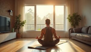 personne detendue meditant dans un salon lumineux