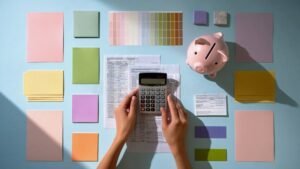 personne planifiant budget avec calculatrice coloree